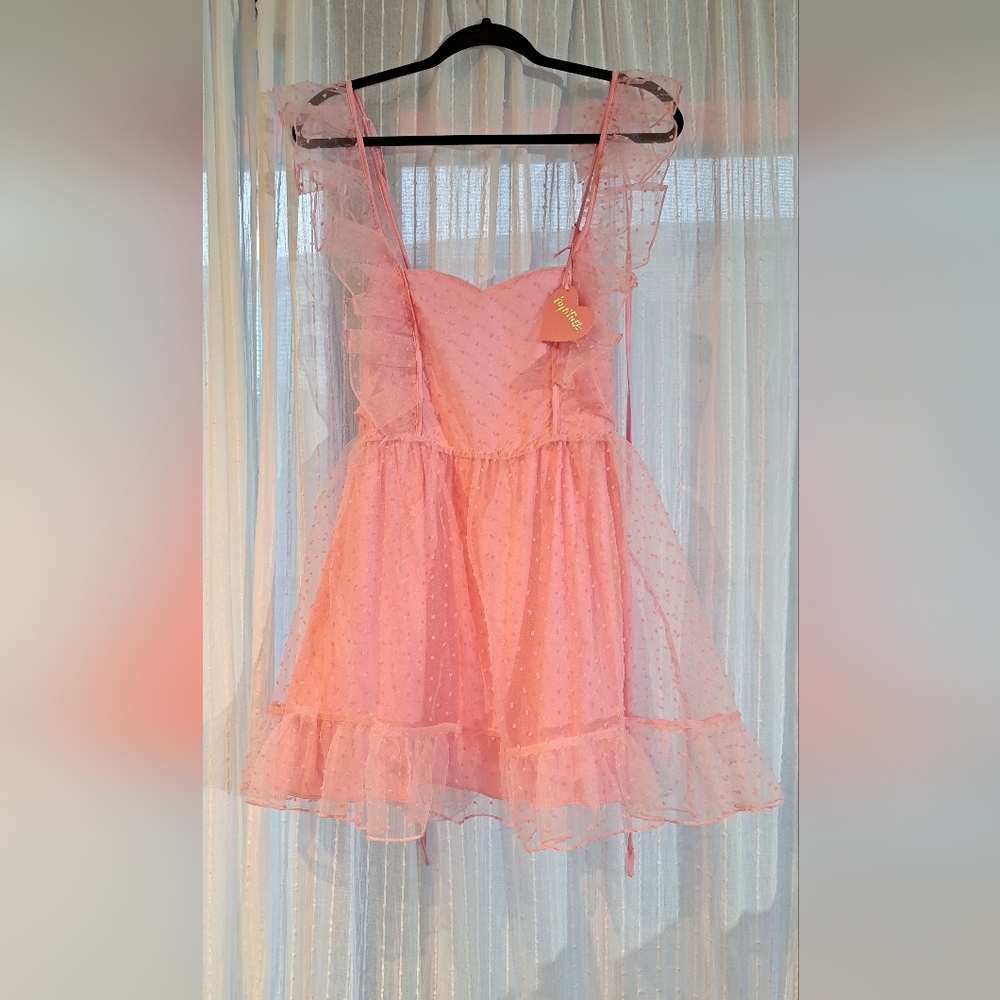 NWT Dolls Kill Sugar Thrillz Pastel Pink Polka Dot Organza Apron Mini Dress